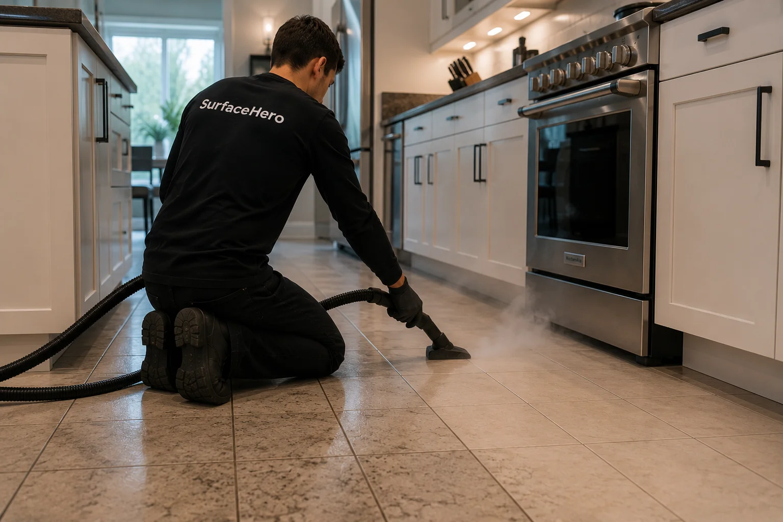 SurfaceHero specialist working on tile grout in Montreal